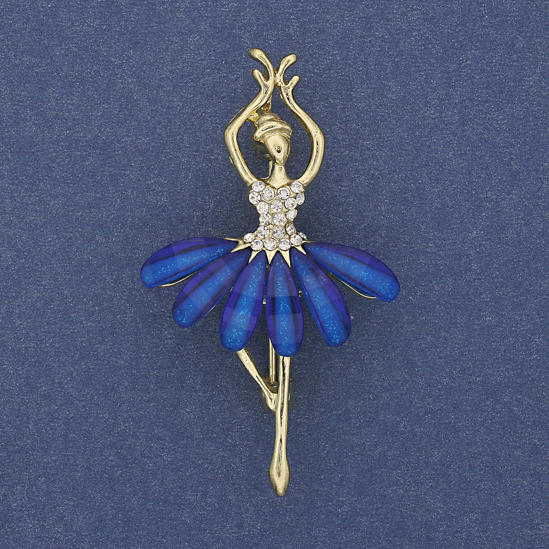 Brooch Pendant 'Ballerina' with White Rhinestones and Golden Metal 50x28mm