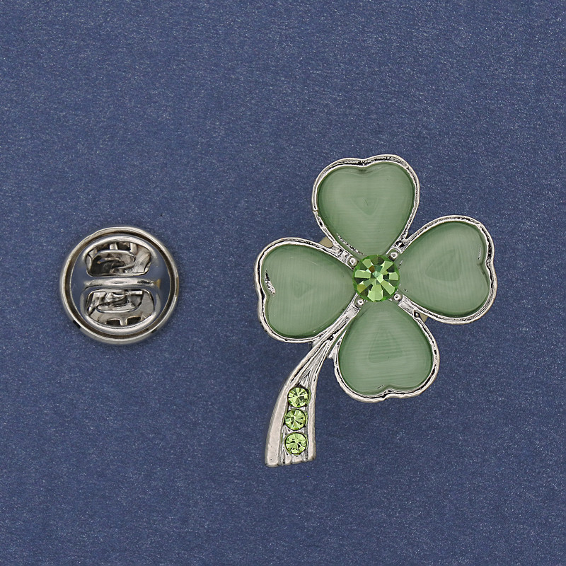 Brooch Clover with Green Cat's Eye and Crystals, Silver Metal 19×30mm