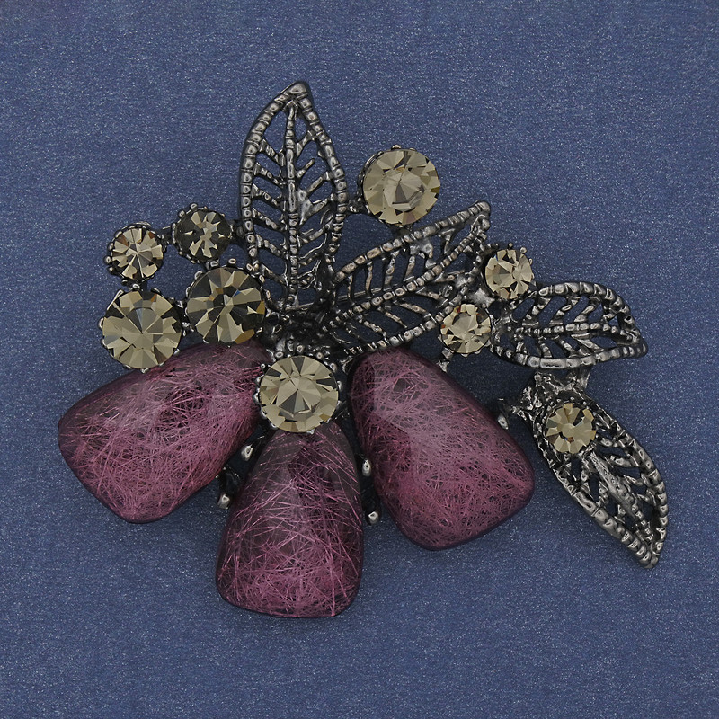Brooch Pendant Accent with pink aquarium effect, gray rhinestones, silver metal 43x48mm+