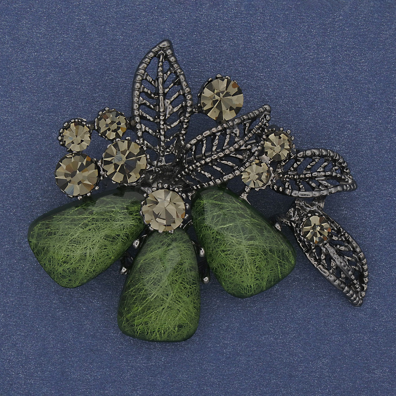 Accent Brooch Pendant with Green Aquarium Effect, Grey Crystals, Silver Metal 43x48mm+