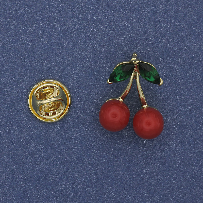 Brooch Cherry Red and Green Enamel Gold-tone Metal 20x16mm+