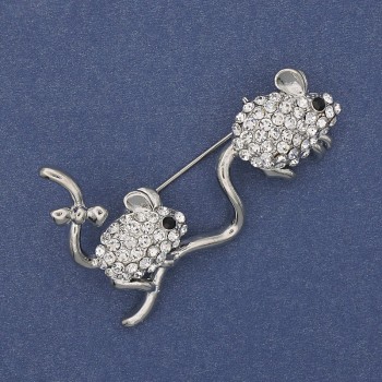 Brooch 'Jerboas' with White Rhinestones, Silver Metal 49x31mm