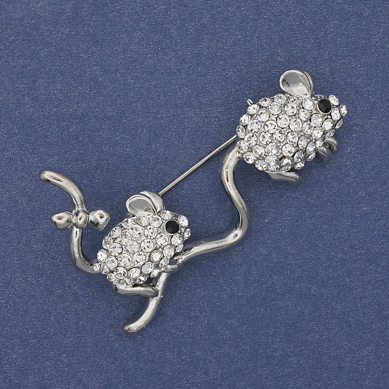 Brooch 'Jerboas' with White Rhinestones, Silver Metal 49x31mm