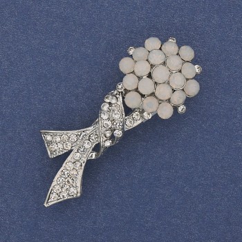 Brooch Bow with White and White Matte Rhinestones, Silver Metal, diameter 48x17mm +