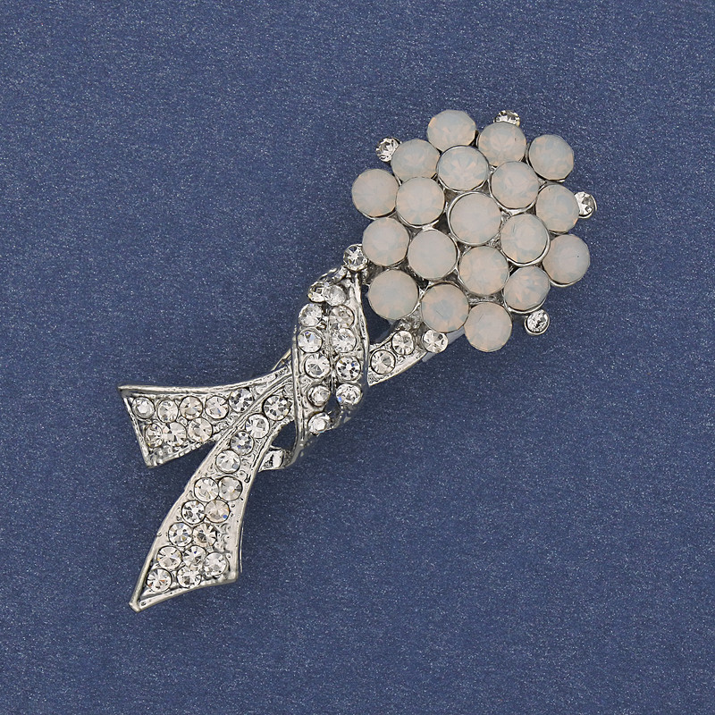Brooch Bow with White and White Matte Rhinestones, Silver Metal, diameter 48x17mm +