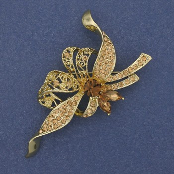 Brooch 'Bow' with Yellow Crystals on Gold-Toned Metal, 72×43 mm +