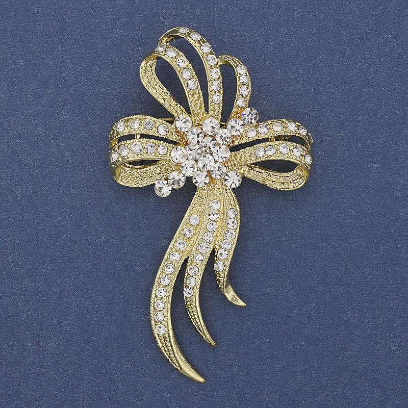 Brooch Bow White Crystals Gold-Tone Metal, 72x43 mm +