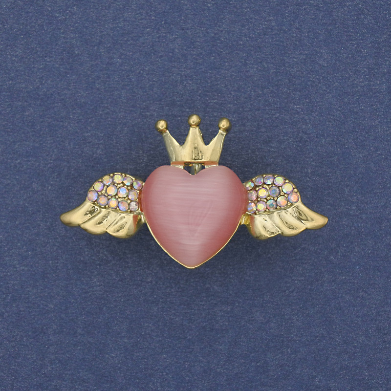 Brooch Pendant Heart Pink Cat's Eye with Crystals Golden Metal 31x18mm+