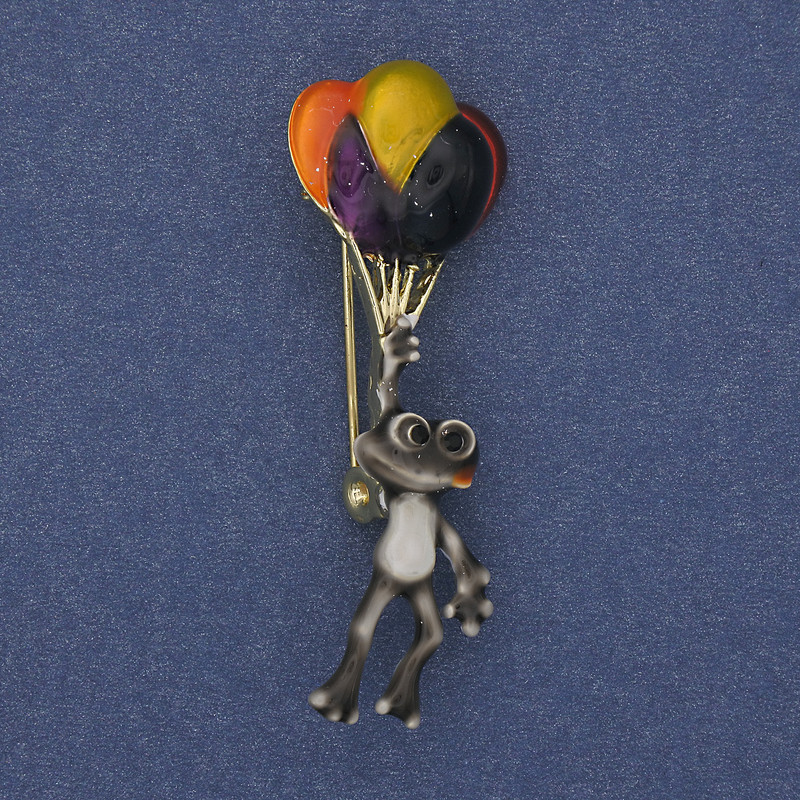 Brooch Pendant Frog with Balloons Enamel Gold-Tone Metal 48x17mm+