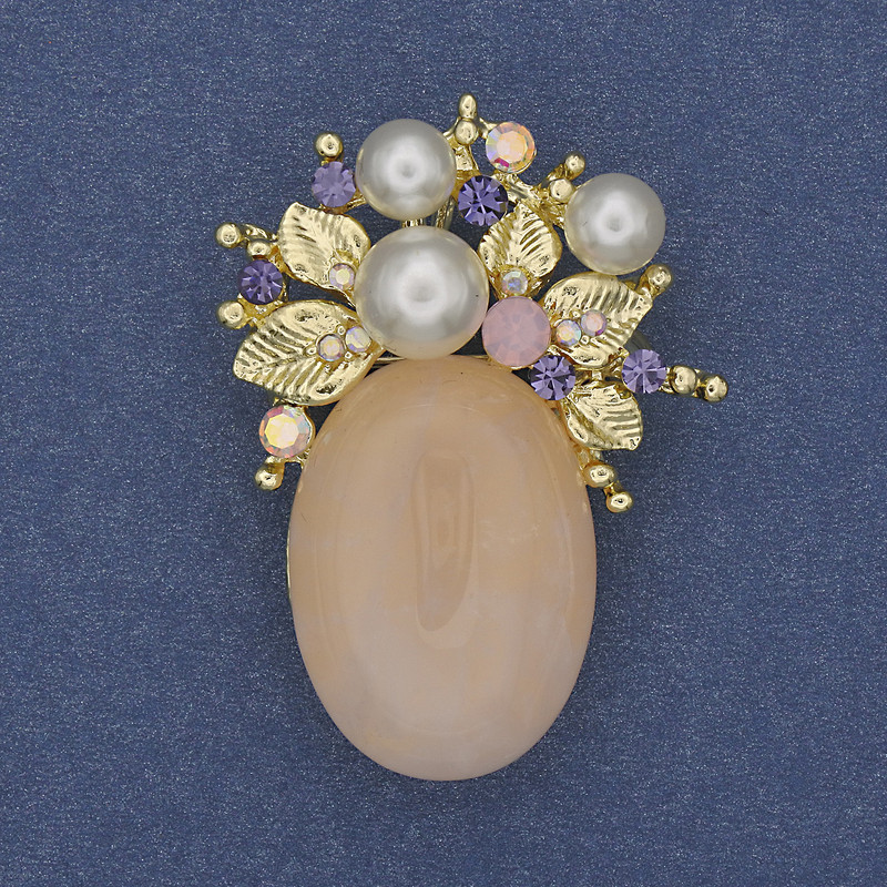 Accent Brooch Pendant with Pink Quartz and Crystals Pearls (single) Gold-toned metal 40x30mm+