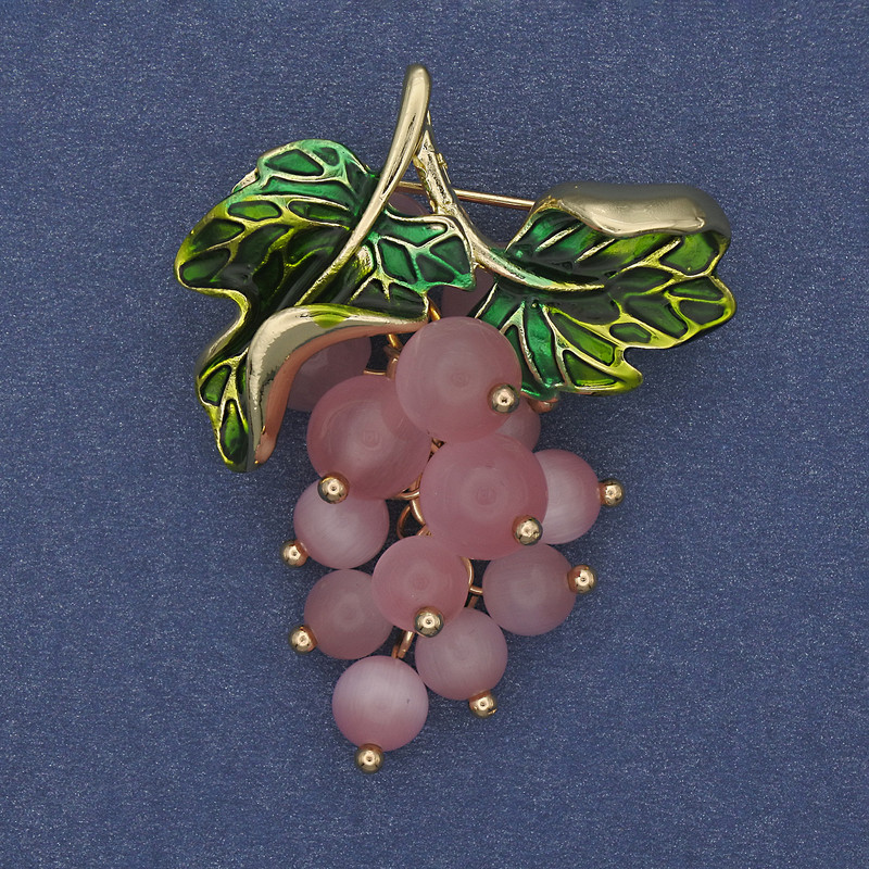 Brooch Pendant Grapes with Cat's Eye Beads and Green Enamel on Golden Metal 36x40mm