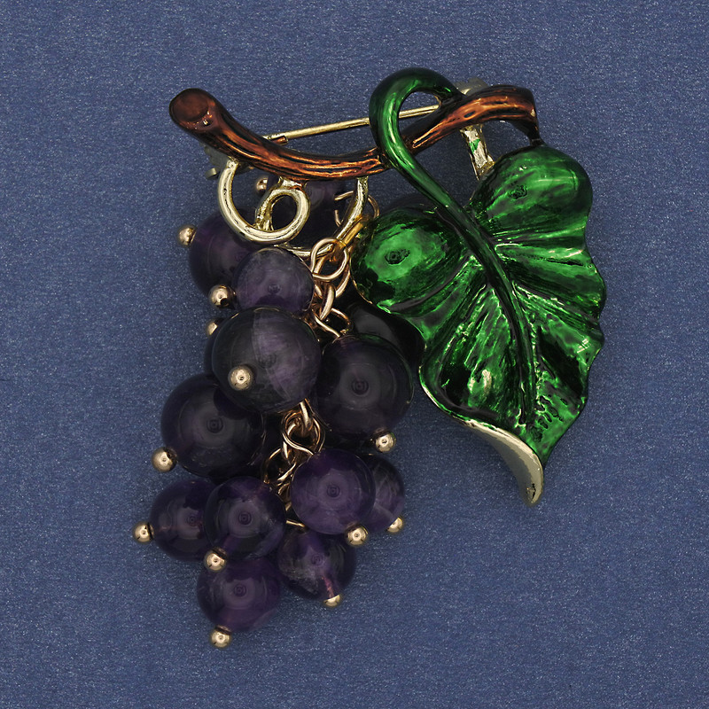 Brooch Pendant Grapes with Amethyst Beads and Green Enamel, Gold-Tone Metal 36x40mm