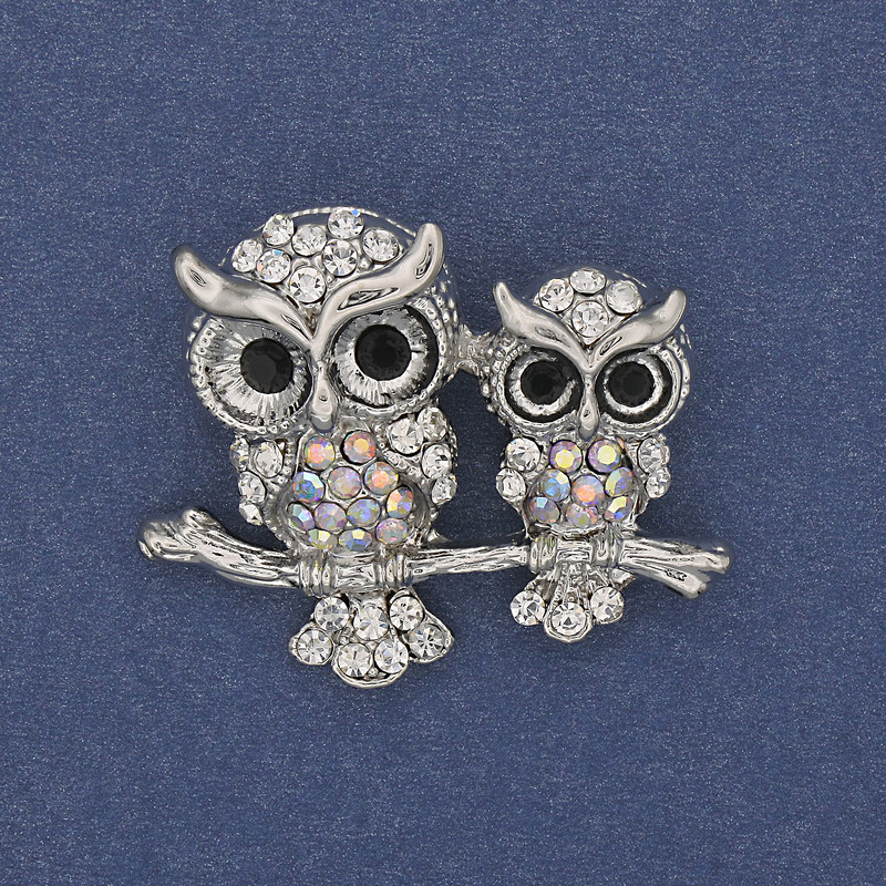 Brooch Pendant Owl with Rhinestones Silver-colored Metal 37x29mm+