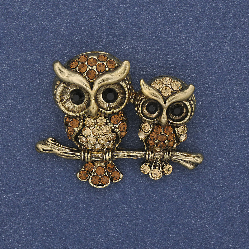 Brooch Pendant Owl Yellow Rhinestones Gold-tone Metal 37x29mm+
