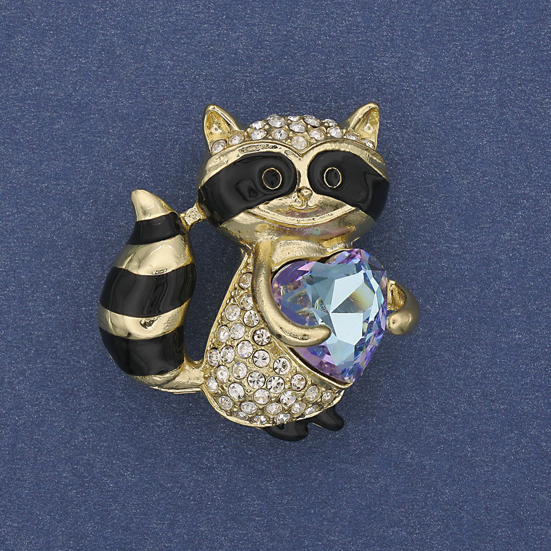 Brooch Pendant Eeyore Raccoon with Rhinestones Crystal Heart Golden Metal 32x30mm+