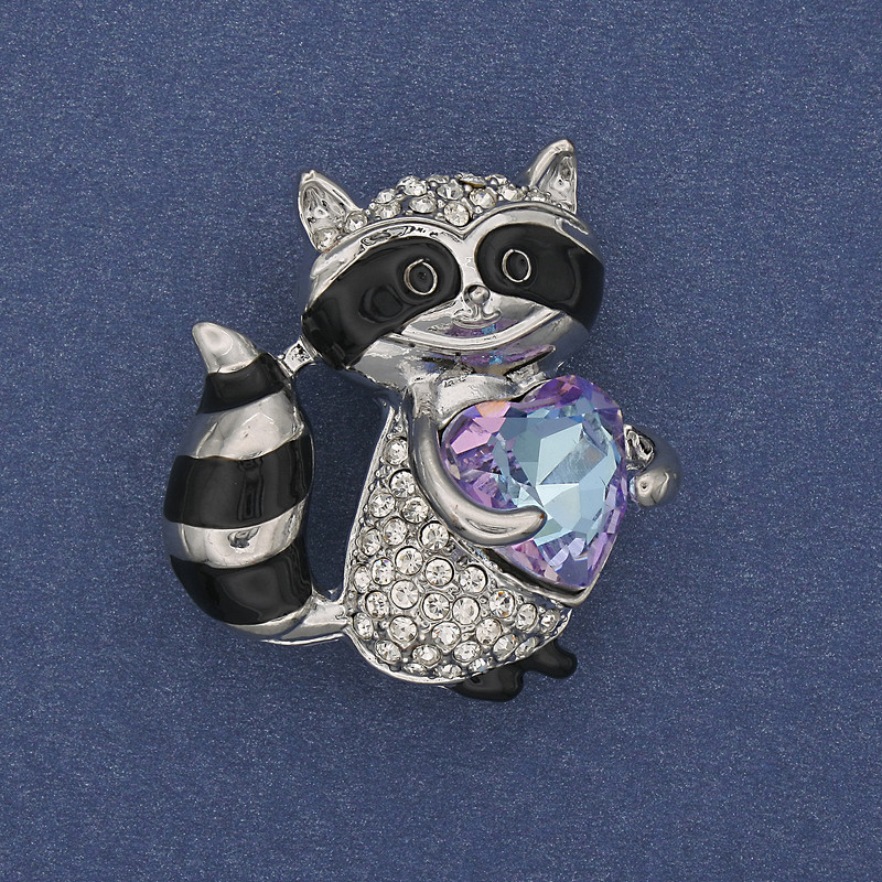 Brooch Pendant Raccoon with white crystals crystal heart silver metal 32x30mm+