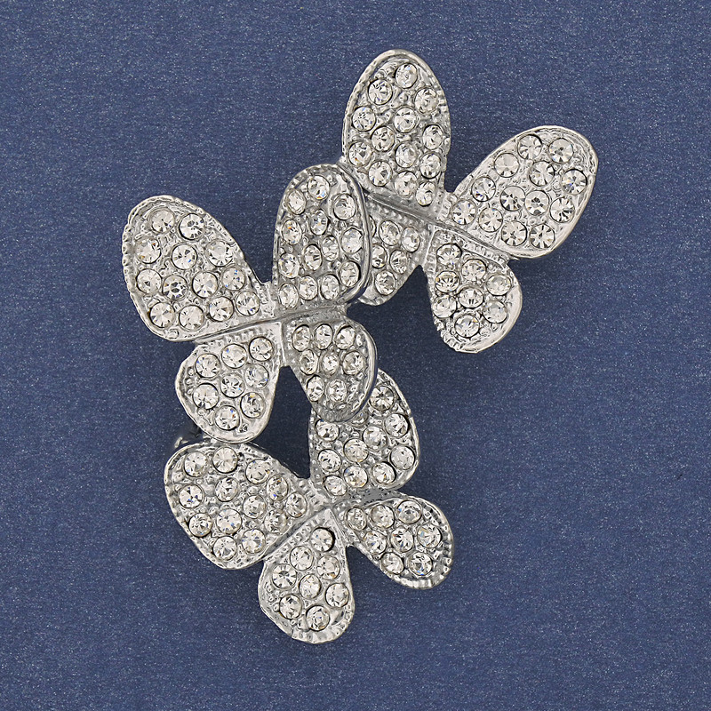 Brooch Pendant Butterflies with White Rhinestones Silver Metal 44x33mm