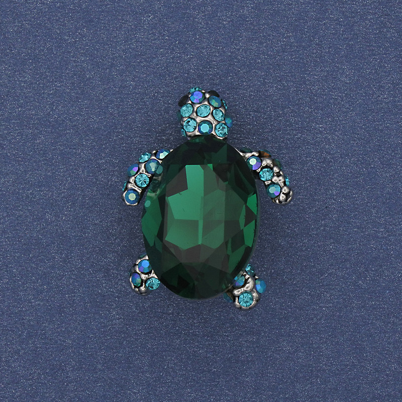 Brooch Pendant Turtle Green Crystal Silver Metal 24x18mm