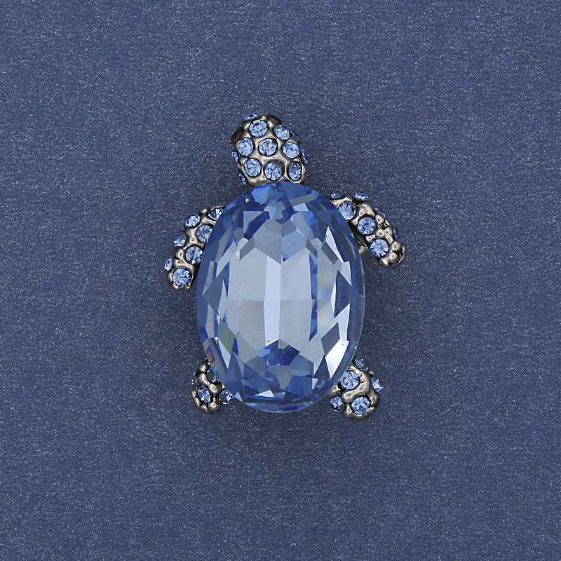 Brooch Pendant Turtle with Blue Crystal Silver Metal 24x18mm+