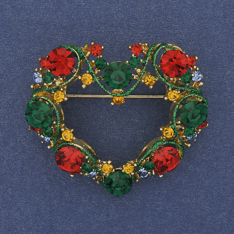 Brooch Pendant Heart Enamel with Crystals Golden Metal 40x35mm+