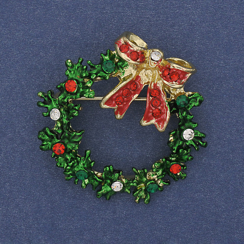 Brooch Pendant Christmas Wreath Enamel Crystals Gold-tone Metal 36mm+