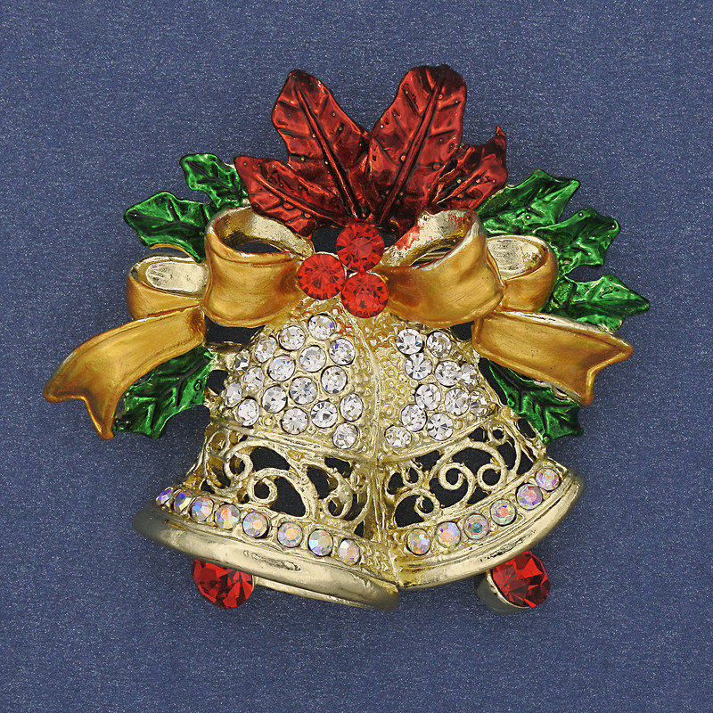 Brooch Pendant New Year Bells Enamel with Crystals Golden Metal 45x47mm+