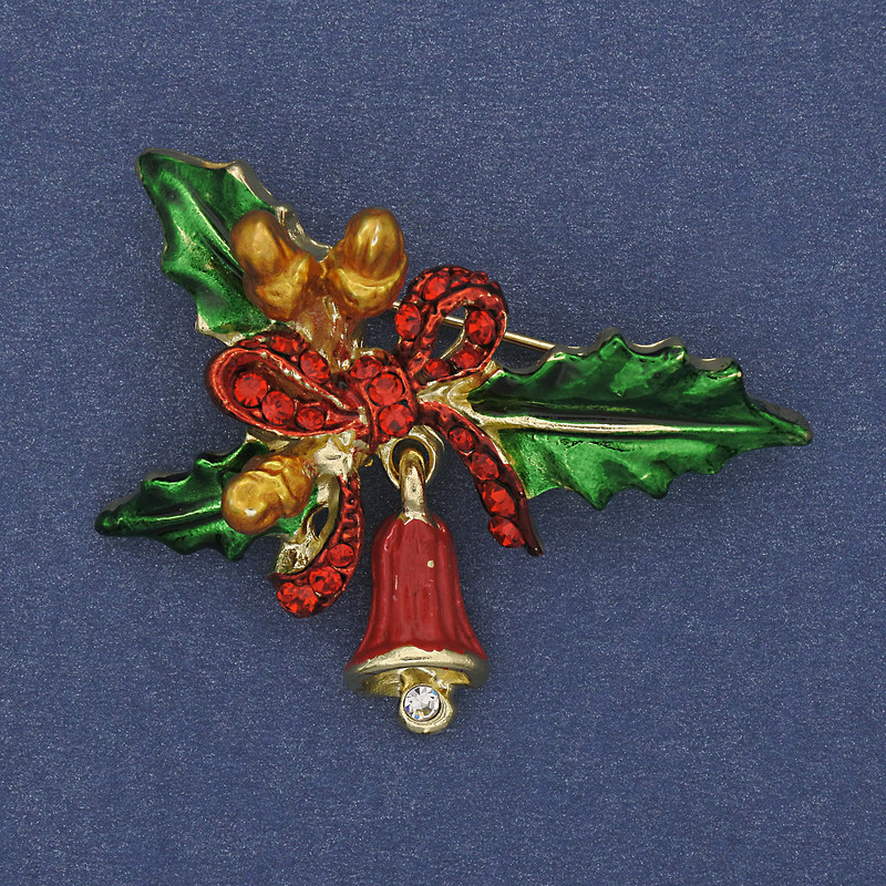 Brooch Pendant New Year Branch with Bow and Bell, enamel, crystals, golden metal, 44x30mm+