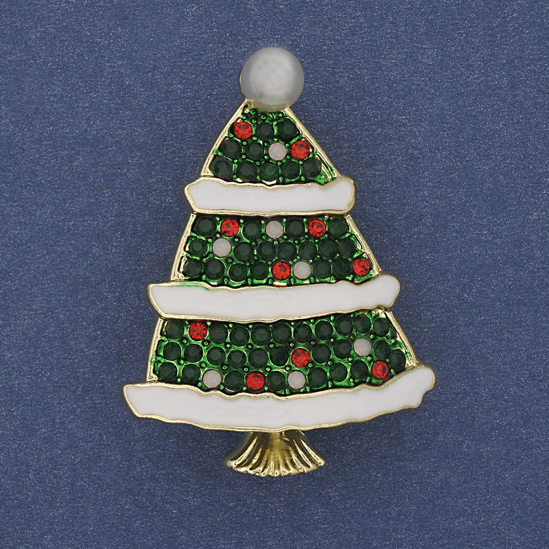 Brooch Pendant Christmas Tree Green and White Enamel with Rhinestones and Pearl Gold-Tone Metal 40x30mm +