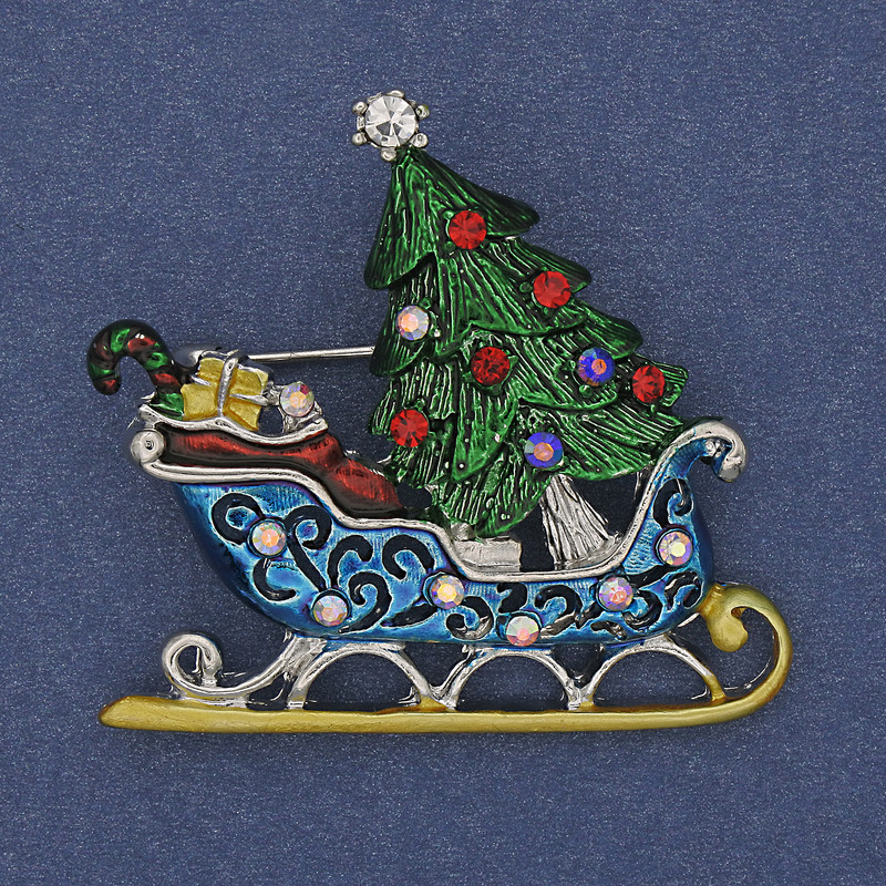 Brooch 'New Year Sledge' Colorful Enamel with Crystals Silver Metal 42x39mm +