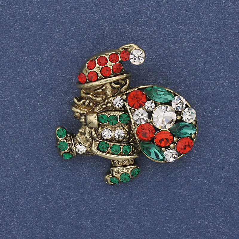 Brooch 'New Year Santa' with crystals on golden metal 28x26mm +