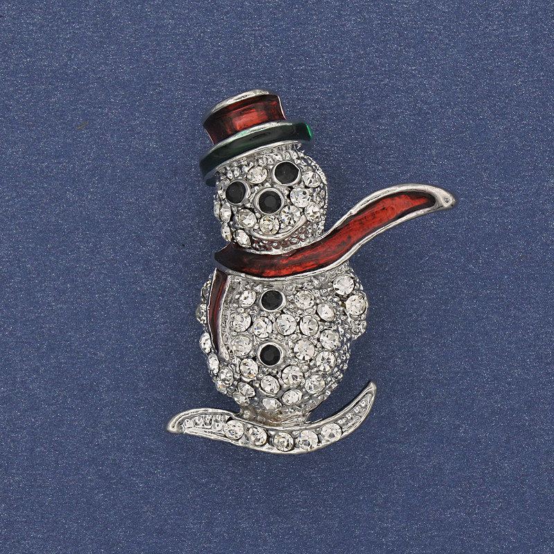 Brooch Snowman enamel white rhinestones silver metal 32×22mm +