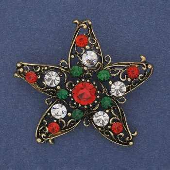 Brooch Christmas Star with rhinestones, golden metal, 50mm +
