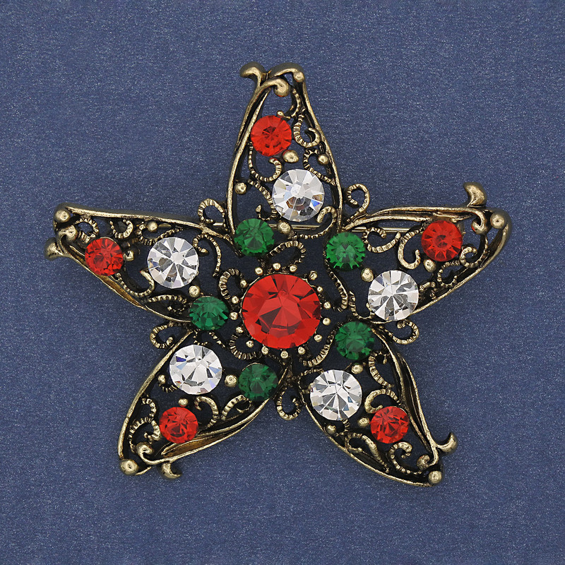 Brooch Christmas Star with rhinestones, golden metal, 50mm +
