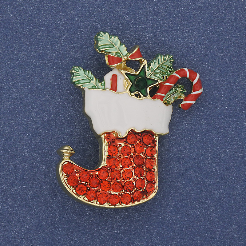 Brooch Pendant Christmas Boot enamel red rhinestones golden metal 38×28mm +