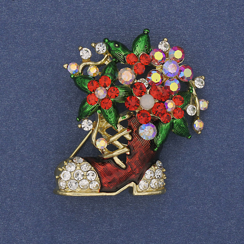Brooch Christmas Boot Enamel Crystals Gold-tone Metal 37x32mm +