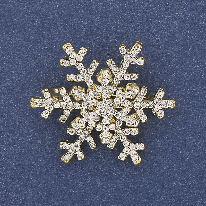 Brooch pendant Christmas Snowflake with white rhinestones on golden metal 34mm +