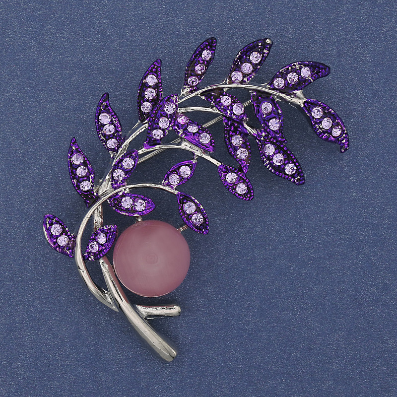 Brooch Branch with Pink Cat's Eye Purple Rhinestones Silver Metal 54×46mm +