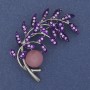 Brooch Branch with Pink Cat's Eye Purple Rhinestones Silver Metal 54×46mm +