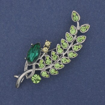 Brooch 'Branch' with multicolor rhinestones on silver metal 66x26mm +