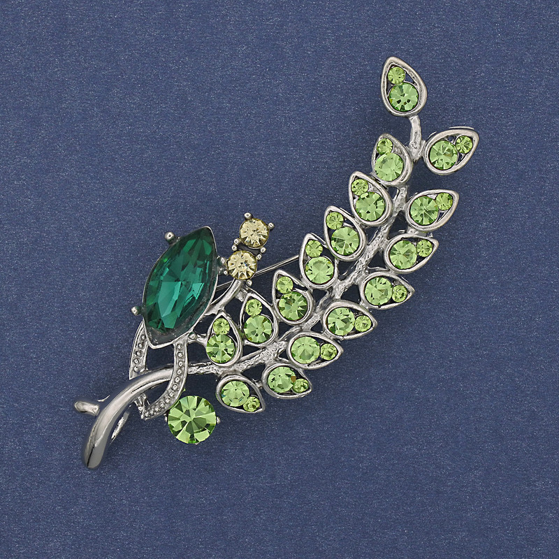 Brooch 'Branch' with multicolor rhinestones on silver metal 66x26mm +