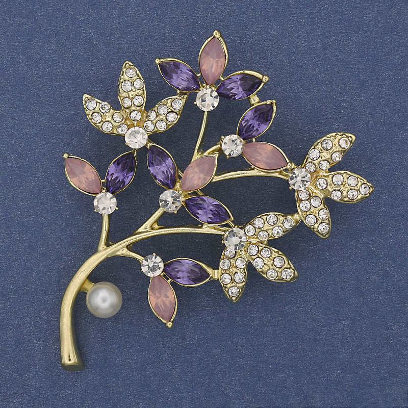 Brooch 'Twig' with multicolor rhinestones, pearl, gold-toned metal 60x42mm +