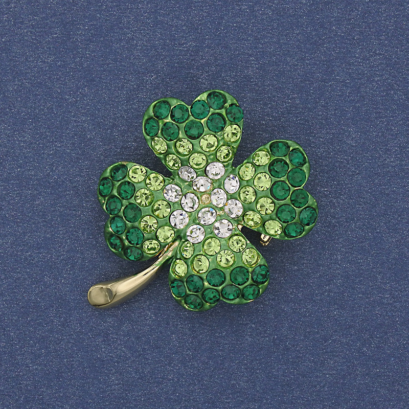 Brooch Pendant Clover with White and Green Rhinestones on Gold-Tone Metal, 28x24 mm +