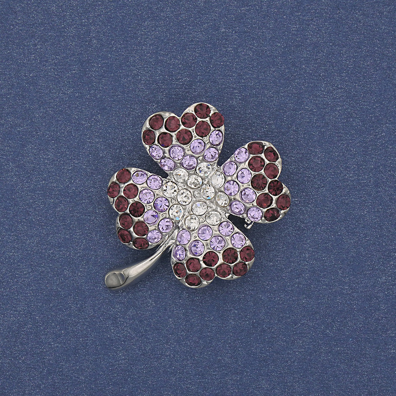 Brooch Pendant Clover with white and purple rhinestones on silver metal, diameter 28x24mm +