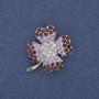 Brooch Pendant Clover with white and purple rhinestones on silver metal, diameter 28x24mm +