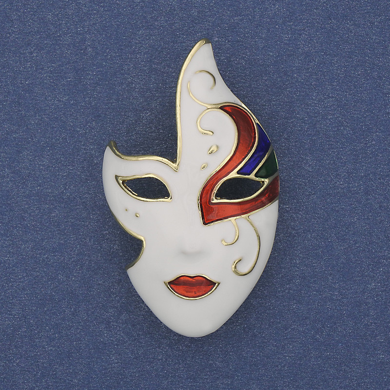 Brooch Mask White Black Red Enamel Gold-tone Metal 40x23mm+