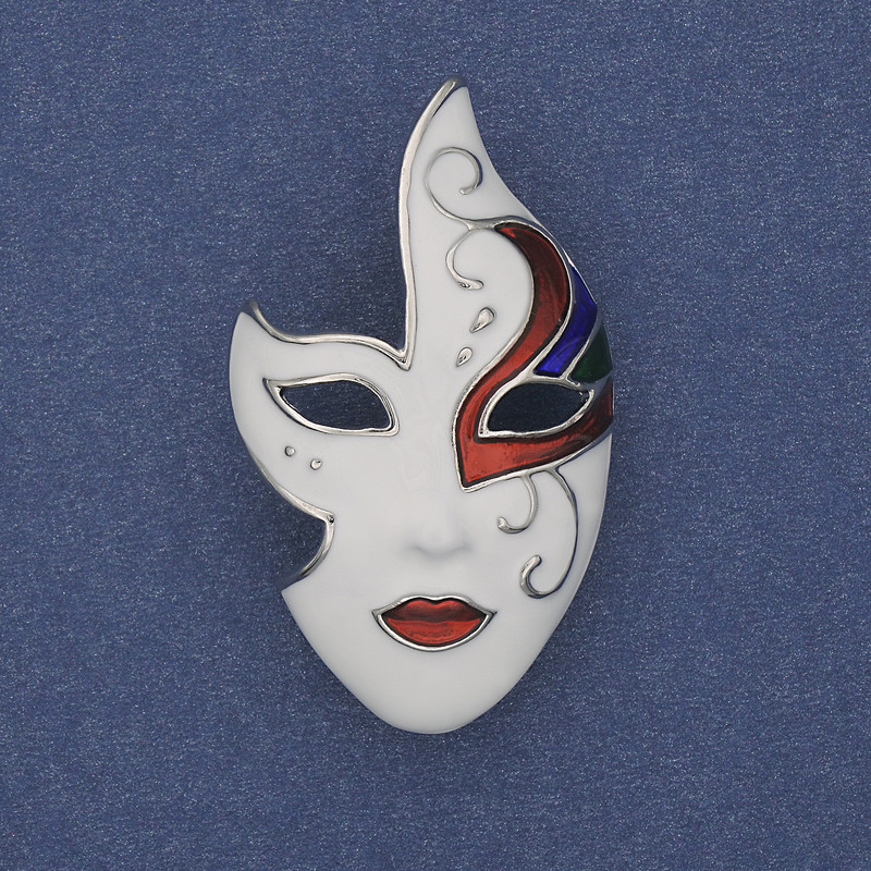 Brooch Mask White Black Red Enamel Silver Metal 40×23mm+