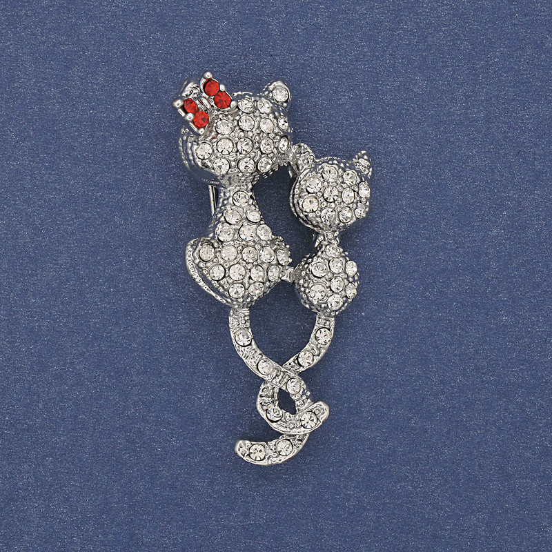 Cat Brooch with White and Red Crystals, Silver Metal 43x25mm+