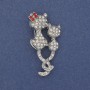 Cat Brooch with White and Red Crystals, Silver Metal 43x25mm+