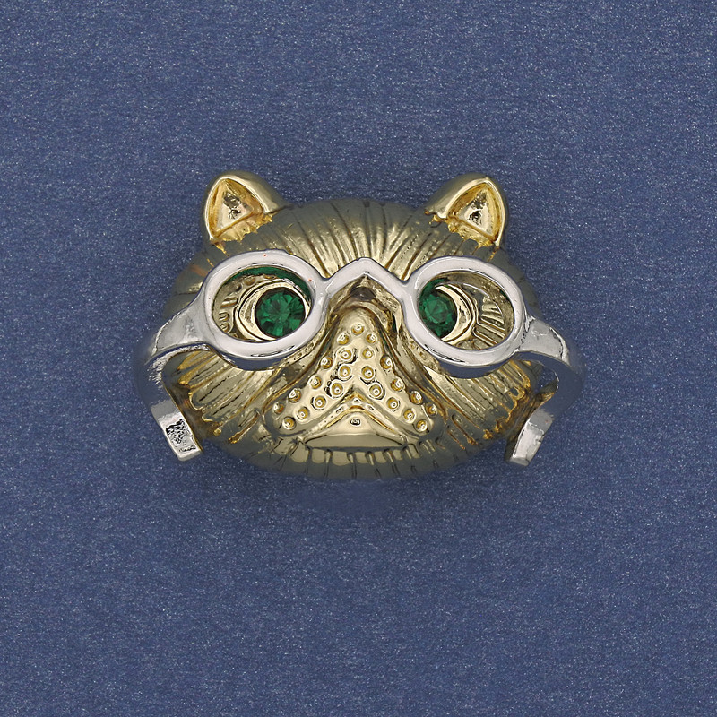 Brooch pendant Cat in Glasses with Green Crystals Golden Metal 29x21mm+