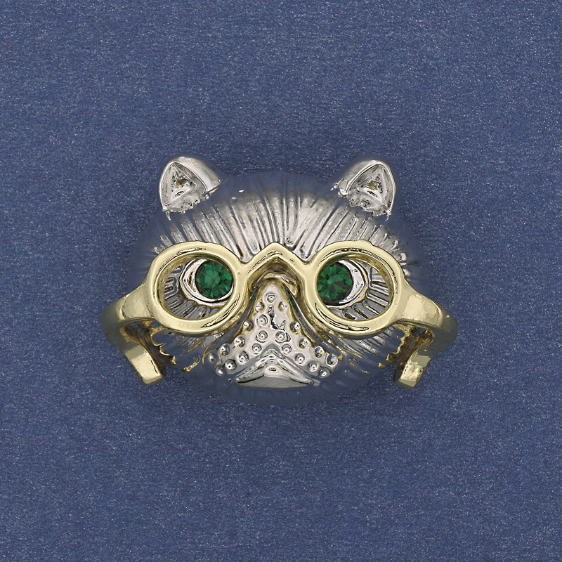 Brooch pendant Cat in Glasses with Green Rhinestones Silver Metal 29x21mm+